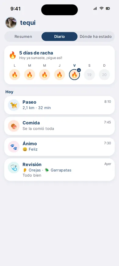 Diario de la mascota con racha semanal y registros de paseo, comida, ánimo y revisión