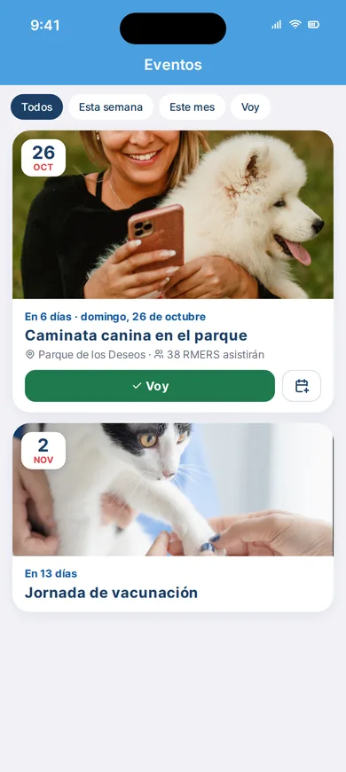 Eventos para mascotas en RescueMe con fecha, lugar y botón Voy