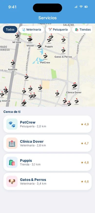 Mapa de servicios de RescueMe con veterinarias, peluquerías y tiendas cercanas
