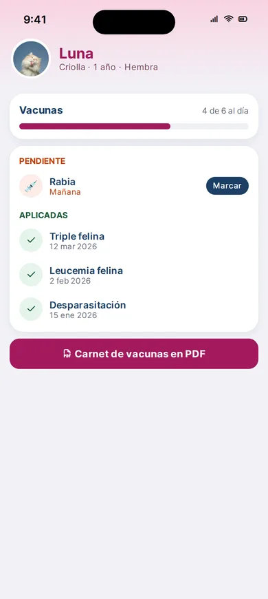 Pantalla de vacunas de RescueMe con pendientes, aplicadas y botón de carnet en PDF