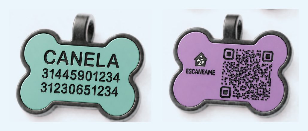 Placa QR RescueMe personalizada: frente grabado con el nombre y los teléfonos de contacto, reverso con código QR