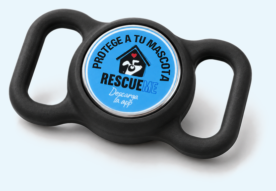 RMTag de RescueMe: colgante resistente con botón azul grabado 'Protege a tu mascota, RescueMe'